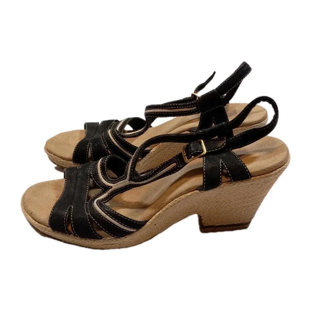 Clarks Espadrille Style Wedge Sandals Women's 10M Strappy‎ Black Leather